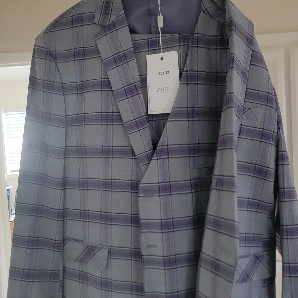 Men's Gray and Purple Plaid Blazer 3 Piece